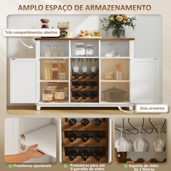 Aparador de Cozinha Rústico com Prateleiras Ajustáveis e Suporte para Garrafas 120x37x88 cm Branco
