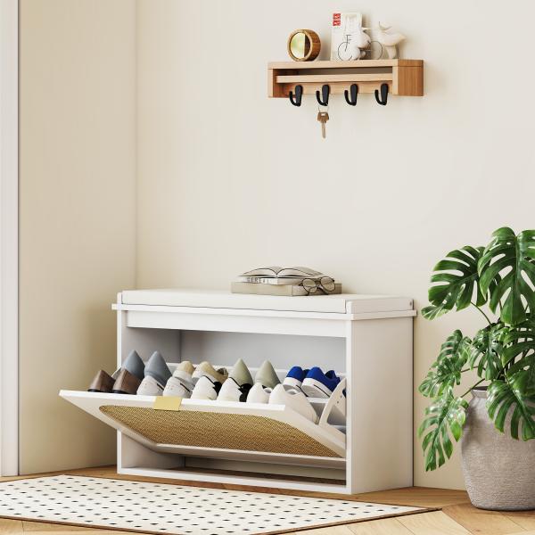 Banco para Sapatos Boho com Assento Acolchoado Porta de Rattan Gaveta Basculante Prateleira Ajustável 8 Pares 80x26x47,5 cm Branco