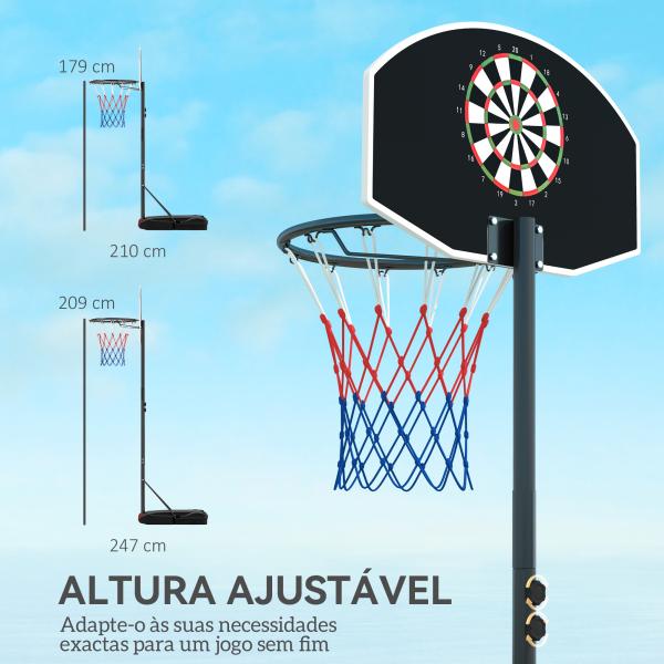 Tabela de Basquetebol para Exterior com Alvo de Dardos com Ajustável 210 - 247 cm Rodas Base Rellenável Preto