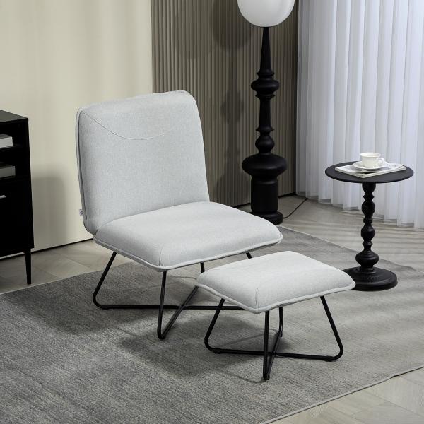 Poltrona Sala de Estar com Apoio para os Pés Poltrona Relax com Pés de Aço em Forma de Cruz Cinza Claro