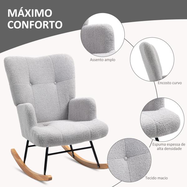 Poltrona Baloiço em Borrego Poltrona para Amamentação com Encosto Capitonê e Base de Madeira 65x88x87 cm Cinza Claro