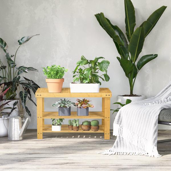 Banco Sapateira de Bambu Organizador de Sapatos com 2 Prateleiras para 6 - 9 Pares de Sapatos 70x28x45 cm Madeira
