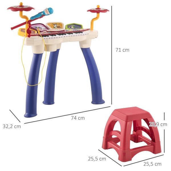 Piano Eletrónico para Crianças com 32 Teclas Microfone Banco Luzes 19 Músicas e Bateria 74x32,2x71 cm Multicor