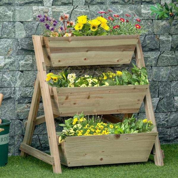 Horta de Escada de 3 Níveis Horta de Madeira com Tecido não tecido e Orifícios de Drenagem Horta para Plantas Flores Ervas 71x61x77cm Madeira Natural
