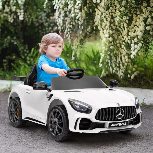 Carro Elétrico para Crianças Carro Mercedes - Benz AMG GTR com Bateria 12V Faróis Buzina e Música 108x67x46 cm Branco