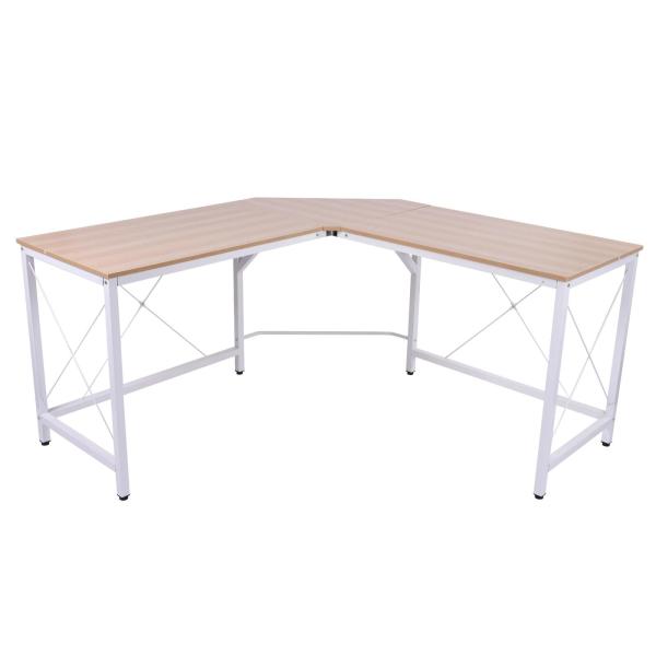 Secretária em Forma de L Secretária para Escritório com Estrutura de Metal Secretária de Canto 150x150x76 cm Branco e Madeira
