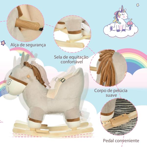 Baloiço Infantil em Forma de Burro para Bebés 18 - 36 Meses com Som Cinto de Segurança Apoio para os Pés 61x34x58 cm Cinza