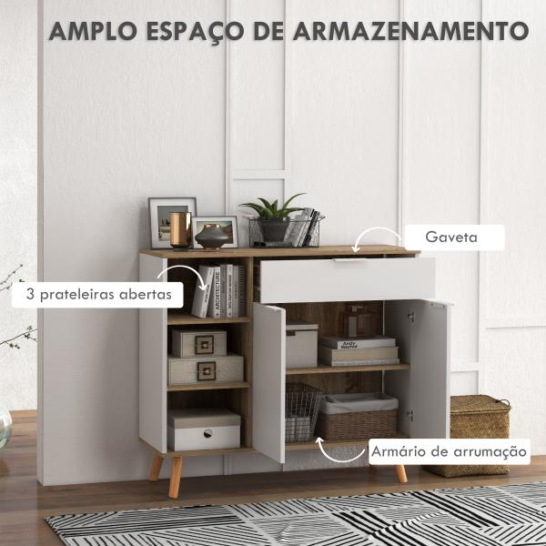 Aparador Branco para Sala de Estar com 1 Gaveta 2 Portas de Fechamento Suave e Prateleiras Ajustáveis 95x35x85 cm Madeira