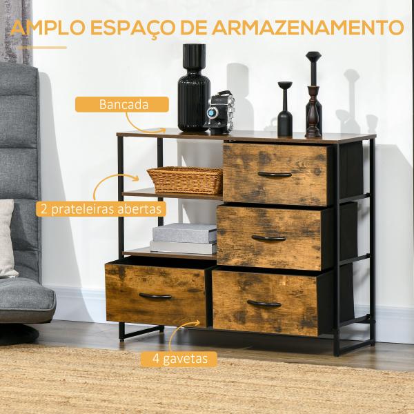 Cómoda com 4 Gavetas de Tecido Dobrável e 2 Prateleiras Abertas Estilo Industrial 84x30x71,4cm Marrom Rústico