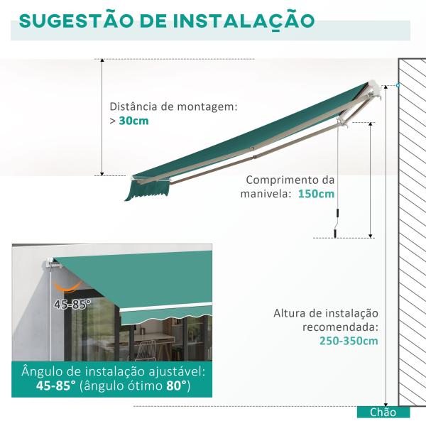 Toldo Manual 395x245 cm Toldo de Varanda Pátio com Manivela de Alumínio e Tecido de Poliéster 280 g/m² Verde
