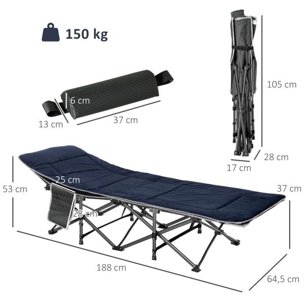 Cama de Campismo Dobrável com Almofada Bolso Lateral e Bolsa de Transporte 188x64,5x53 cm Preto e Azul Escuro