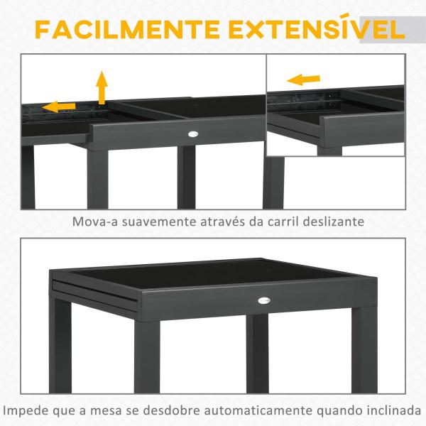 Mesa de Jardim Extensível de Alumínio com Bancada de Vidro Temperado 160x80x75 cm Preto