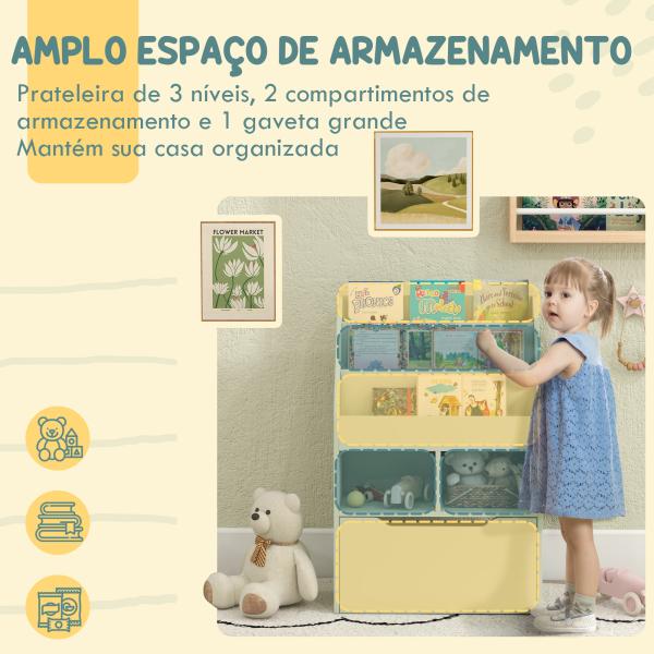 Estante de Madeira para Brinquedos com 3 Compartimentos 2 Prateleiras e Gaveta Móvel com 4 Rodas 60x29,9x90 cm Verde