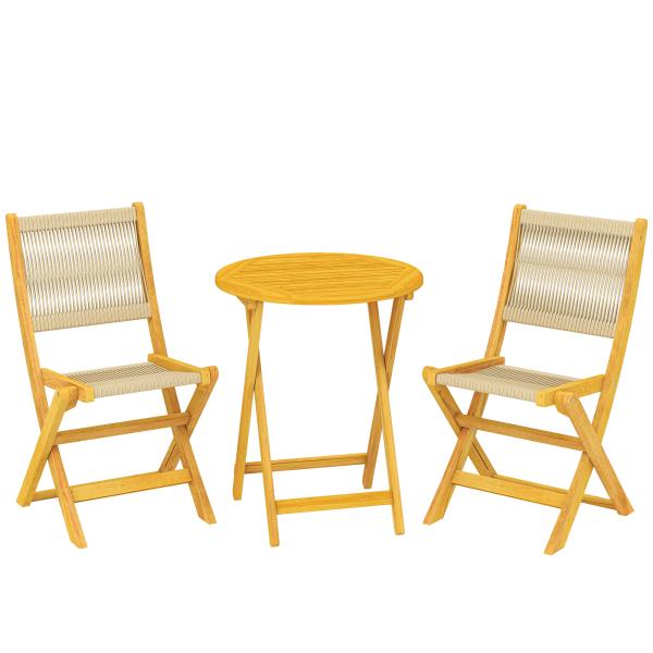 Conjunto de Jardim de 3 Peças em Madeira com 2 Cadeiras Dobráveis e Mesa Redonda para Varanda e Terraço Natural