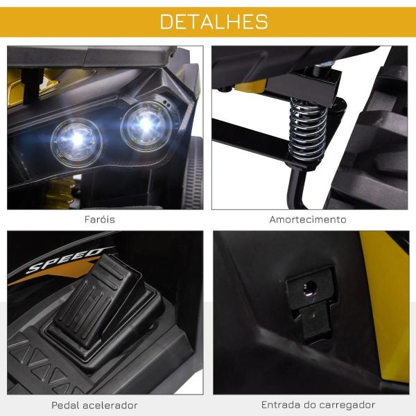 Quadriciclo Elétrico 12V com Farol Música Pneus Suspensão Botões Avance Retrocesso 3 - 5 Anos Amarelo 100x65x73cm