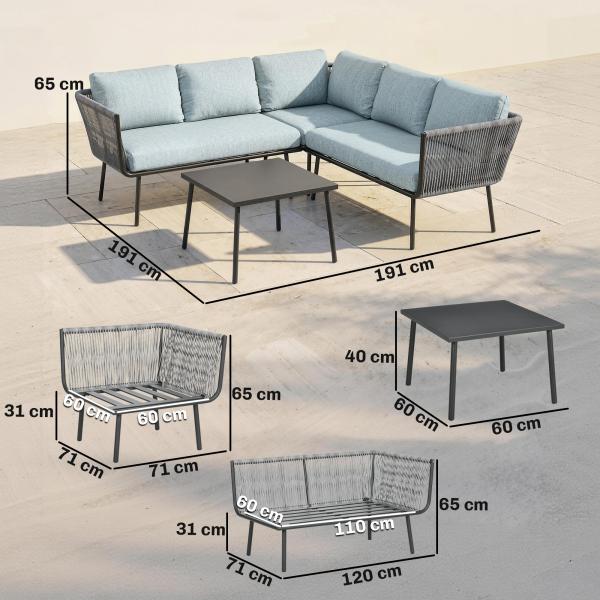 Conjunto de Móveis de Jardim em Ratã Sofá de Canto com Almofadas e Mesa de Centro para Terraço Exterior Azul Claro