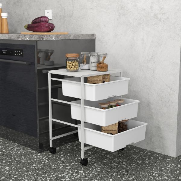 Carrinho Auxiliar com Rodas Carrinho de Cozinha de 3 Níveis com 3 Cestos e Estrutura de Aço 40,8x33,5x60,5 cm Branco