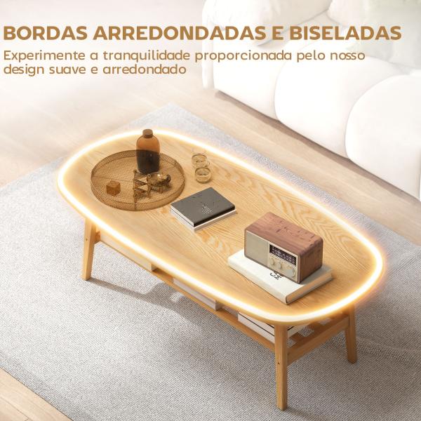 Mesa de Centro de 2 Níveis Moderna com Prateleira Aberta Inferior e Pernas de Madeira de Borracha 120x60x42 cm Madeira