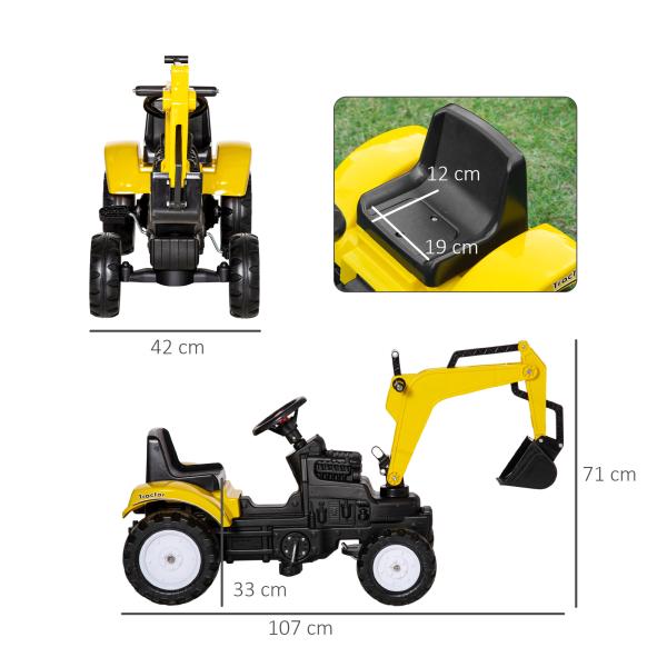 Trator a Pedais para Crianças Escavadora para Crianças com Pá Dianteira e Buzina Trator Infantil 107x42x71 cm Amarelo