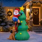 Árvore de Natal insuflável 180 cm com luzes LED, Pai Natal e cão, para interior e exterior, multicolor