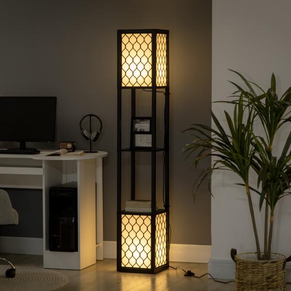 Candeeiro de Pé de Madeira com Estantes Lâmpada E27 Máx. 40W com Interruptor 26x26x156cm Preto e Branco