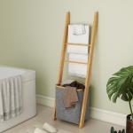 Estante para Casa de Banho de Bambu com 3 Barras e Cesto para Roupa Suja Removível de 48 L 43x35x133 cm Cinzento