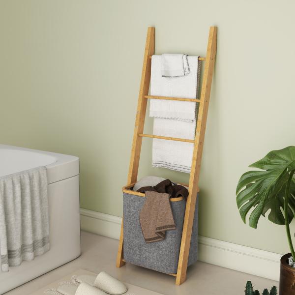 Estante para Casa de Banho de Bambu com 3 Barras e Cesto para Roupa Suja Removível de 48 L 43x35x133 cm Cinzento