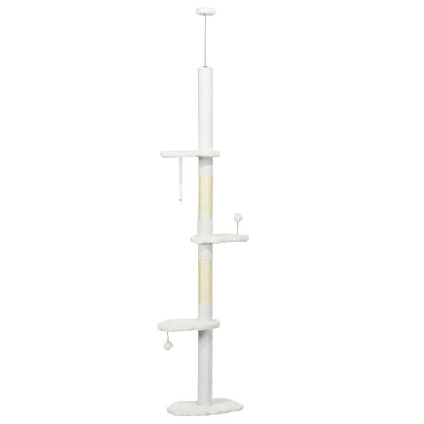 Arranhador para Gatos do Chão ao Teto com Altura Ajustável e 3 Plataformas em Forma de Nuvem 48x32x225 - 255 cm Branco