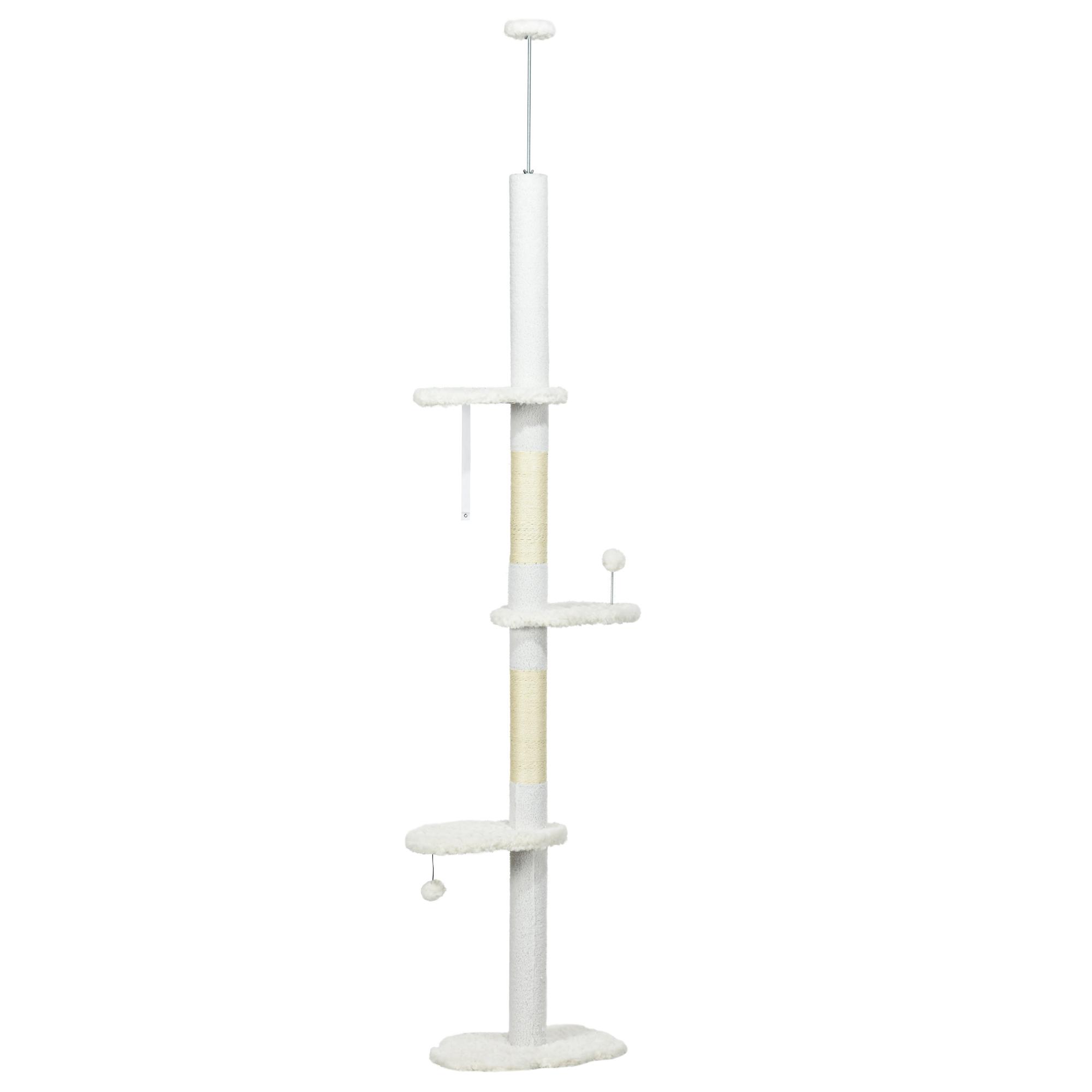 Arranhador para Gatos do Chão ao Teto com Altura Ajustável e 3 Plataformas em Forma de Nuvem 48x32x225 - 255 cm Branco