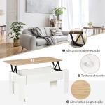 Mesa de Centro com Bancada Elevatória Compartimento Aberto e Oculto 100x50x45 - 58,5 cm Branco e Madeira
