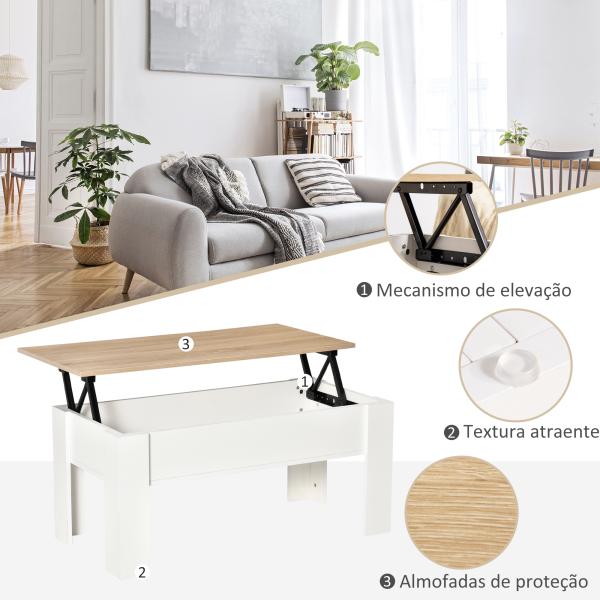 Mesa de Centro com Bancada Elevatória Compartimento Aberto e Oculto 100x50x45 - 58,5 cm Branco e Madeira