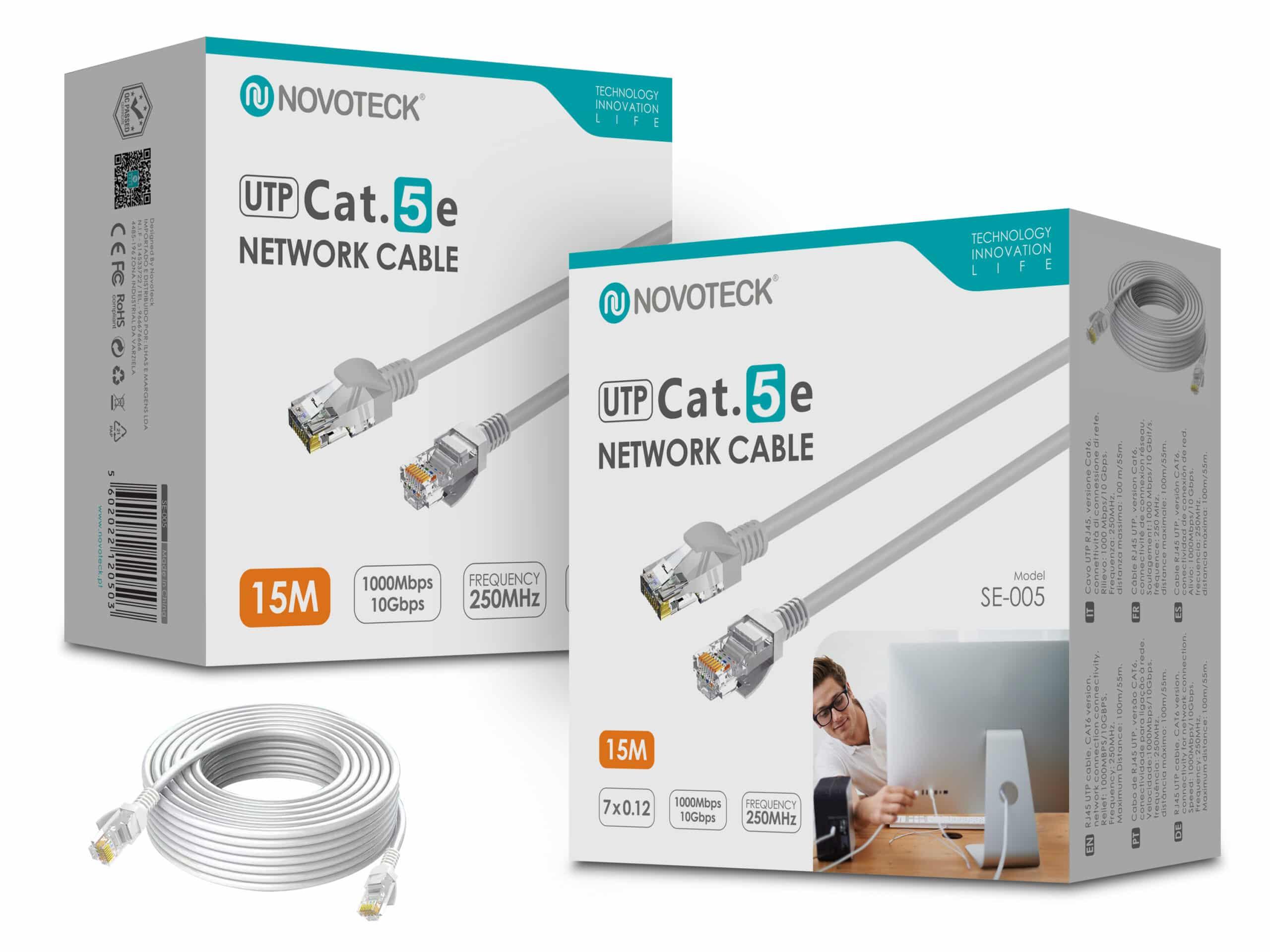 Cabo de Rede Novoteck UTP Cat.5e SE - 005 – 15m, RJ45,Alta Velocidade 1000 Mbps, 250MHz