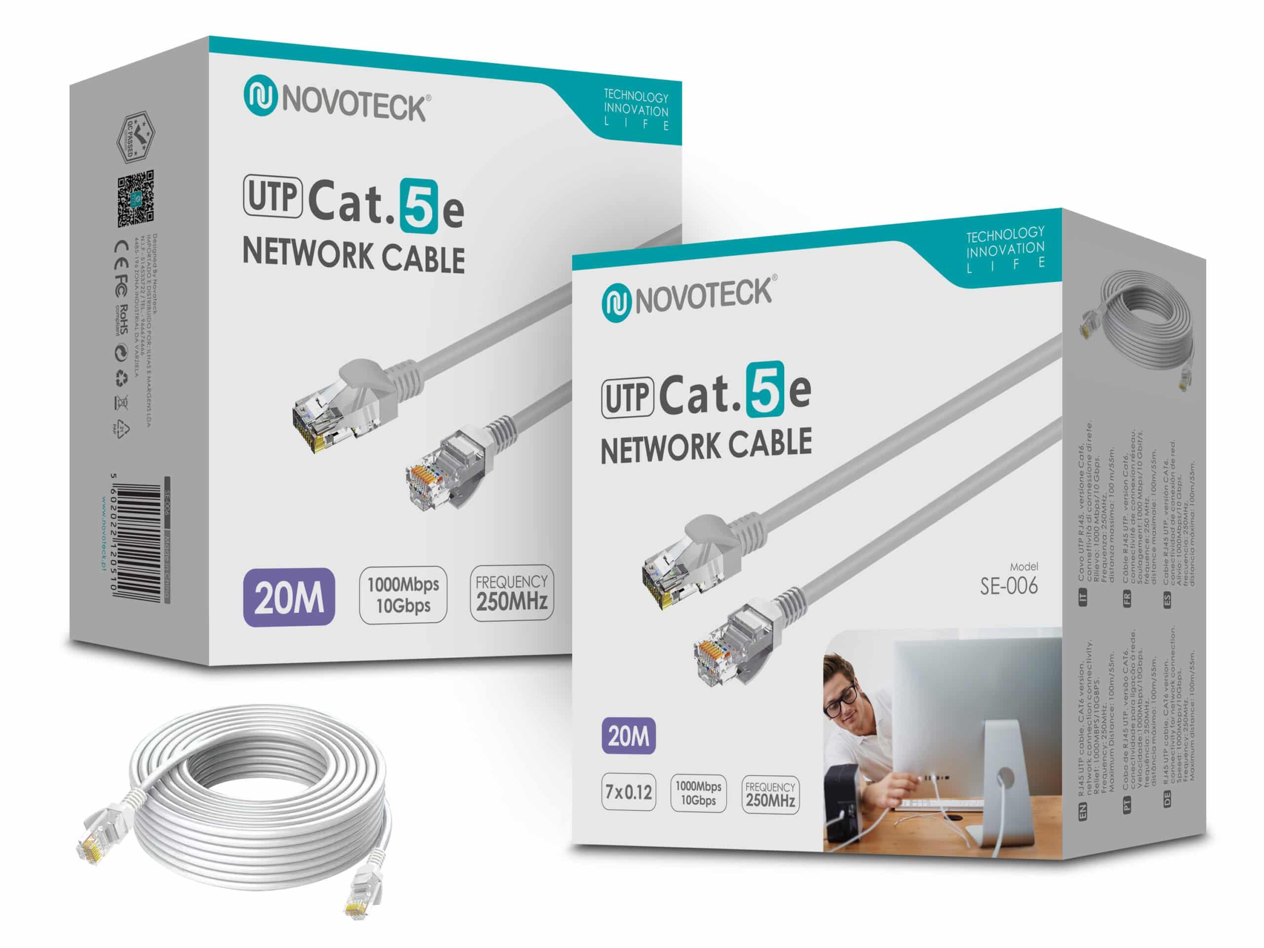 Cabo de Rede Novoteck UTP Cat.5e SE - 006 – 20m, RJ45,Alta Velocidade 1000 Mbps, 250MHz