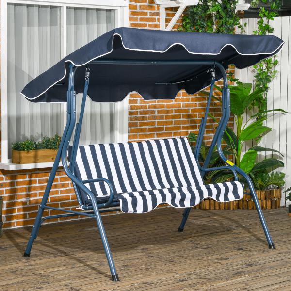 Baloiço de Jardim de 2 - 3 Lugares com Almofada Toldo Ajustável Terraço Patio Capacidade 240kg 170x110x153cm Azul e Branco