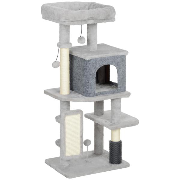 Arranhador para Gatos Grande Altura 104 cm com Plataformas Postes com Escova Bolas Suspensas e Almofadas para Arranhar Cinza