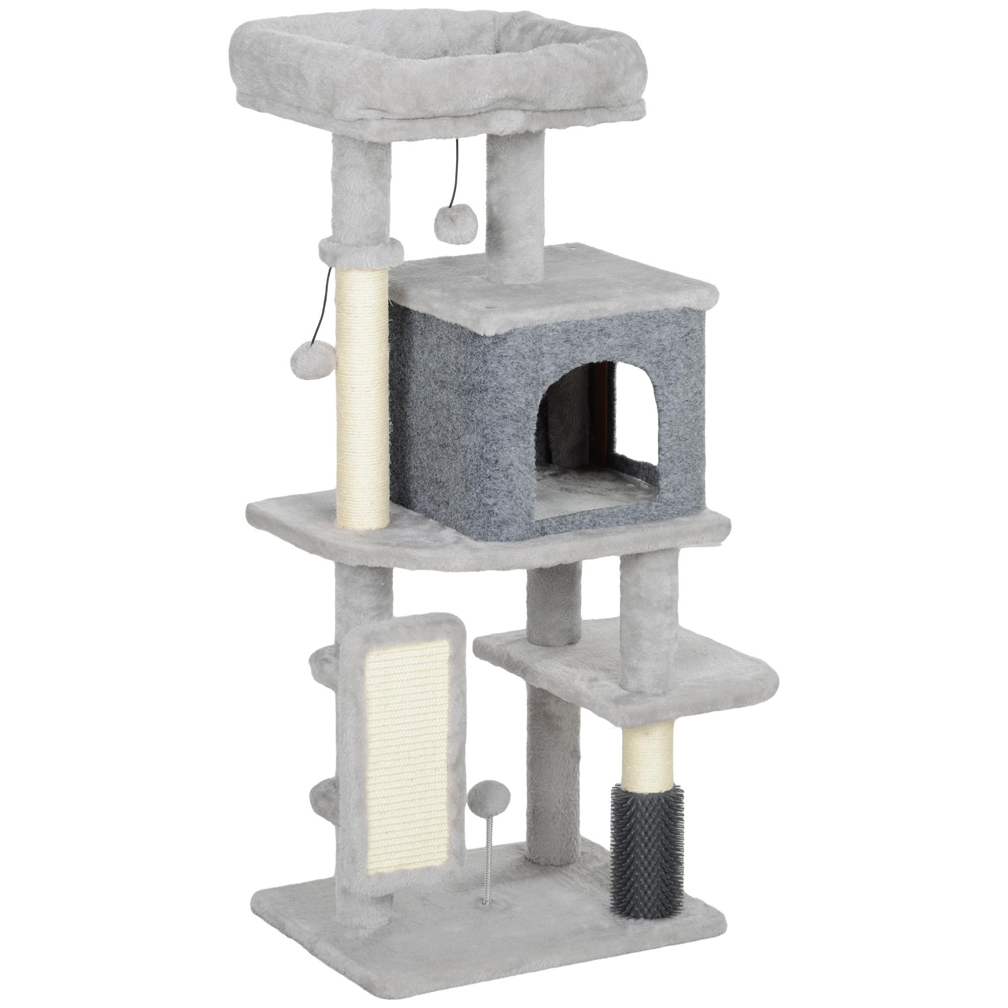 Arranhador para Gatos Grande Altura 104 cm com Plataformas Postes com Escova Bolas Suspensas e Almofadas para Arranhar Cinza