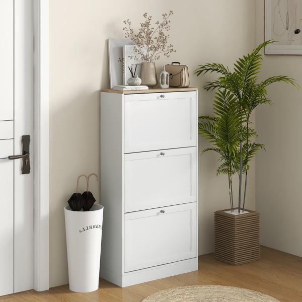 Móvel Sapateira de Entrada com 3 Gavetas Basculantes e Prateleiras Ajustáveis para 18 Pares de Sapatos 60x23,5x115 cm Branco