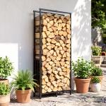Lenheiro Exterior em Aço Resistente para Lenha com Largura e Altura Ajustáveis, Carga 100 kg, 45,5 - 75,5x25x98 - 170 cm, Preto