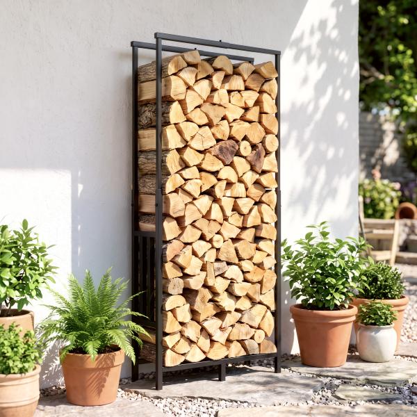Lenheiro Exterior em Aço Resistente para Lenha com Largura e Altura Ajustáveis, Carga 100 kg, 45,5 - 75,5x25x98 - 170 cm, Preto