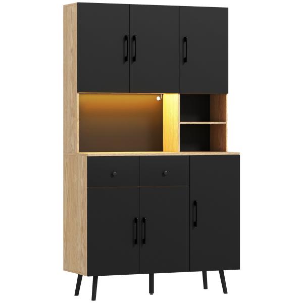 Armário de Cozinha Alto com Luzes LED RGB com 6 Portas 2 Gavetas Bancada 100x40x176 cm Preto e Madeira