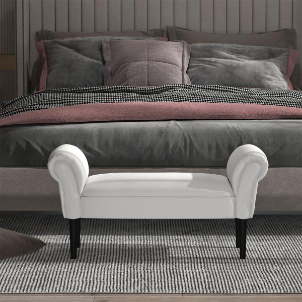 Banco de Pé de Cama Banco com Braços Curvados Estofado e Pés de Madeira Carga Máxima 130kg 102x31x51cm Branco