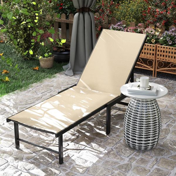 Espreguiçadeira Reclinável de Jardim Exterior com Encosto Ajustável em 4 Posições e Estrutura de Aço, 166x60x84 cm, Caqui