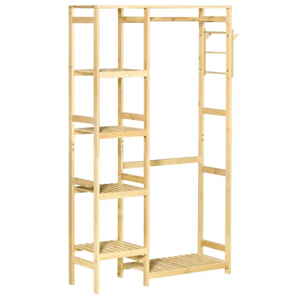 Suporte para Cabides de Bambu Cabideiro com Prateleiras de 4 Níveis com Barra Prateleira Inferior e Cabide Lateral 90x30x155cm Madeira