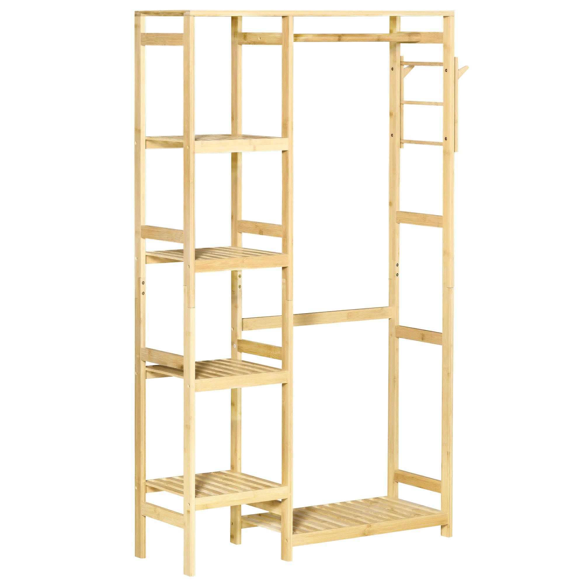 Suporte para Cabides de Bambu Cabideiro com Prateleiras de 4 Níveis com Barra Prateleira Inferior e Cabide Lateral 90x30x155cm Madeira