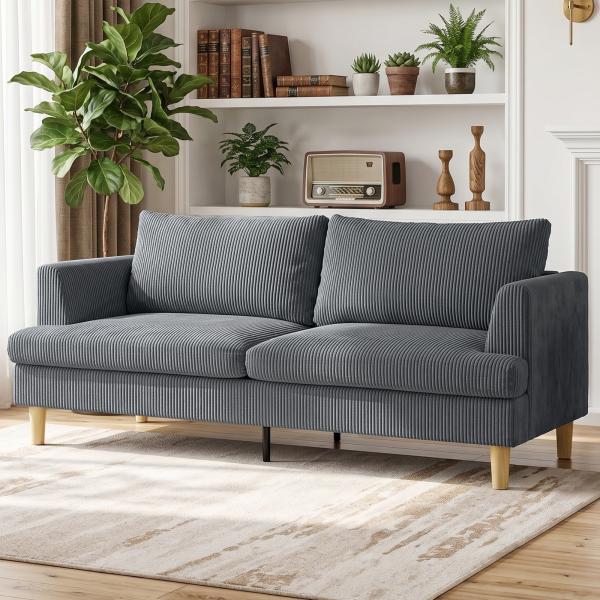 Sofá de 3 Lugares Revestido em Veludo Almofadas Espessas com Molas Assento Largo 2 Almofadas 188x80x86 cm Cinzento Escuro