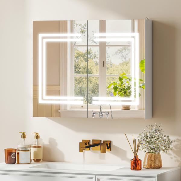 Armário Casa de Banho com Espelho e Luz LED Interruptor Tátil e Cor da Luz Ajustável 80x15x65 cm Branco Brilhante