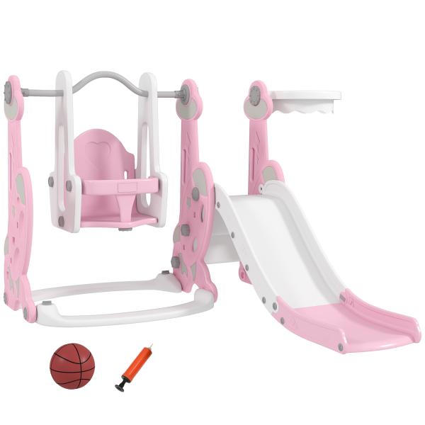Escorrega Infantil 4 em 1 Parque Infantil com Baloiço e Escorrega Escalador Cesto de Basquetebol 147,5x160x107 cm Rosa