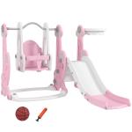 Escorrega Infantil 4 em 1 Parque Infantil com Baloiço e Escorrega Escalador Cesto de Basquetebol 147,5x160x107 cm Rosa