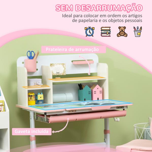 Conjunto de Secretária e Cadeira para Crianças com Altura Ajustável Gaveta Prateleiras e Bancada Inclinável 80x52x88 - 109 cm Rosa e Branco