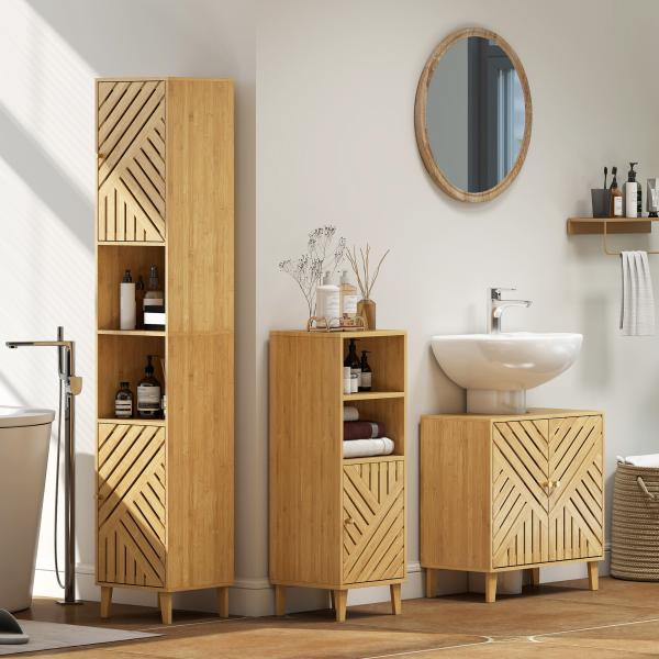 Armário de Casa de Banho Estreito Móvel Auxiliar de Casa de Banho 32x30x90 cm com 2 Prateleiras Abertas e Pés de Bambu Madeira